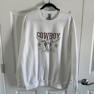 NWOT Gildan White Cowboy Take Me Away Graphic Sweatshirt Size Large